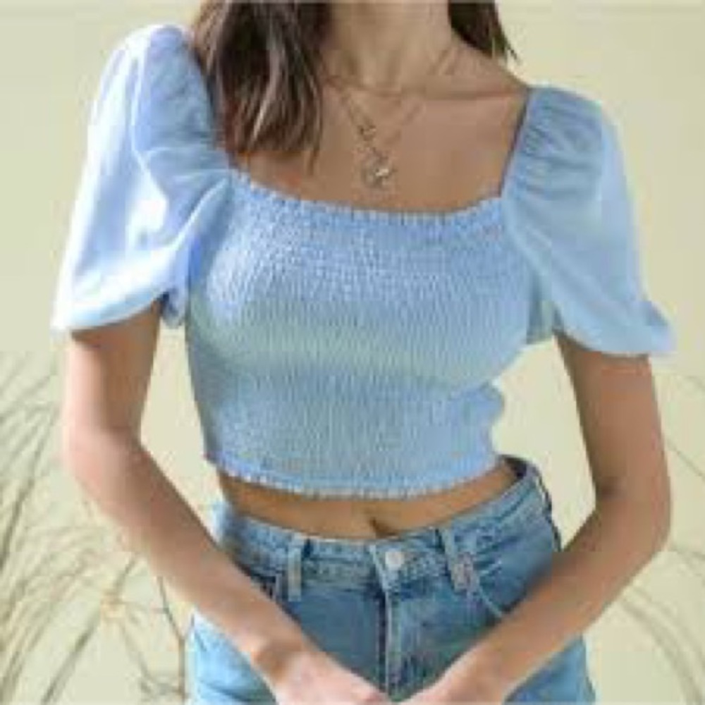 Crescent Sky Blue Smocked Puff-Sleeve Crop Top